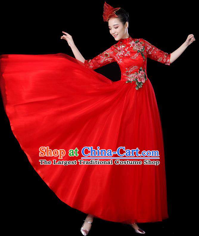 Traditional Chinese Opening Dance Costumes Stage Show Modern Dance Garment Folk Dance Red Dress for Women