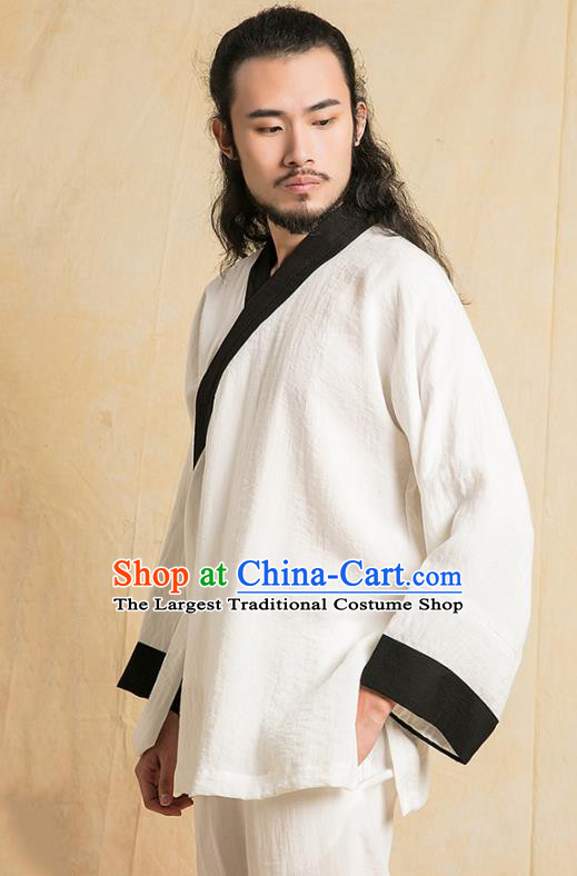 Top Grade Chinese Tai Chi Competition Uniforms Kung Fu Martial Arts Training Costume Shaolin Gongfu White Flax Blouse and Pants for Men