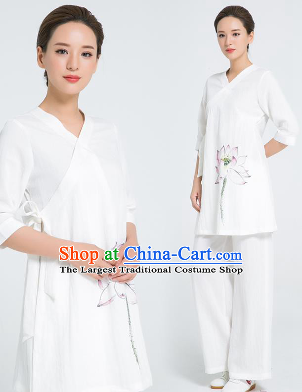 Professional Chinese Hand Painting Lotus White Flax Blouse and Pants Kung Fu Costumes Tai Chi Training Garment Outfits for Women