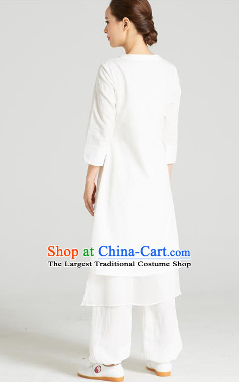 Professional Chinese Tang Suit White Long Blouse and Pants Costumes Kung Fu Garment Traditional Wudang Tai Chi Training Outfits for Women