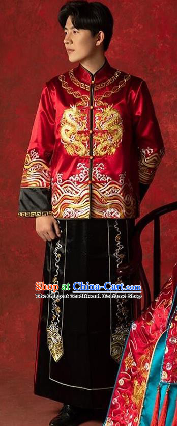 Top Chinese Traditional Bridegroom Wedding Costume Ancient Embroidered Clothing Tang Suit Red Mandarin Jacket and Black Gown for Men