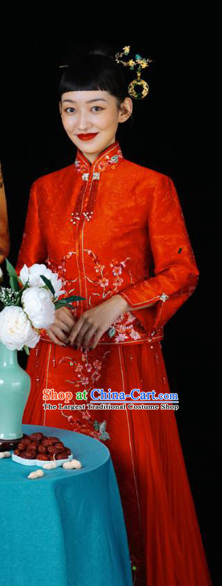 Chinese Traditional Wedding Costumes Bride Apparels Embroidered Red Blouse and Skirt Xiuhe Suits for Women