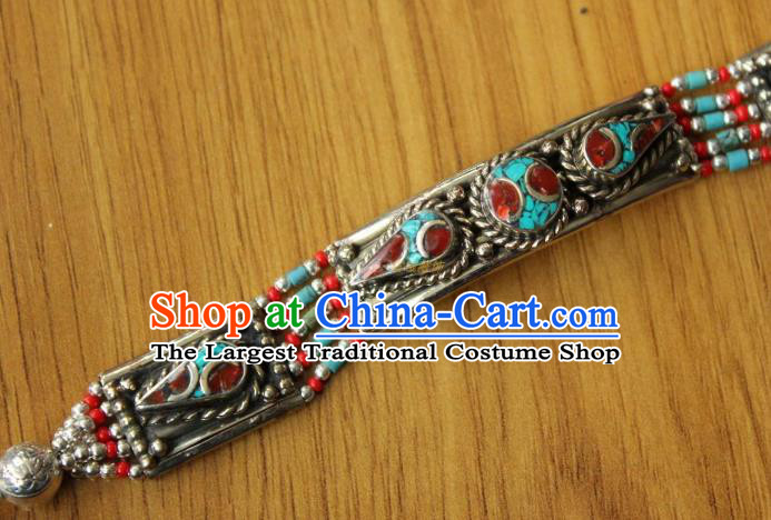 Chinese Traditional Tibetan Nationality Bracelet Jewelry Accessories Decoration Zang Ethnic Handmade Silver Carving Bangle for Women