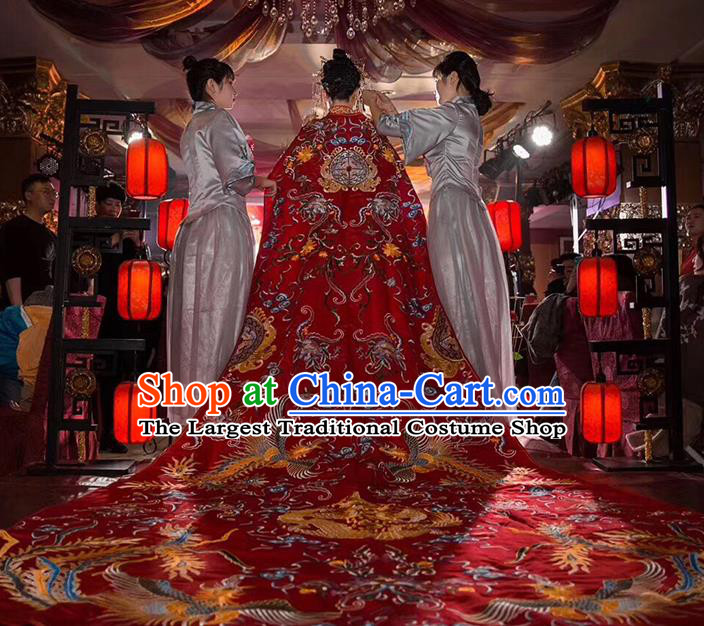Chinese Traditional Bride Embroidered Long Trailing Three Meter Red Cape Apparels Costumes Wedding Xiuhe Suits Cloak for Women