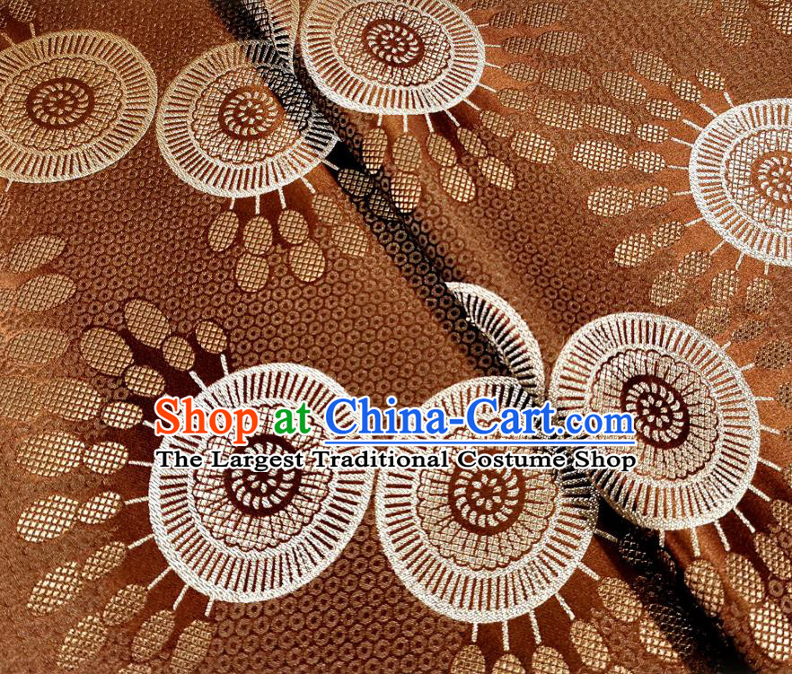 Asian Chinese Traditional Wheel Flower Pattern Design Brown Brocade Fabric Silk Tapestry Mongolian Robe Material