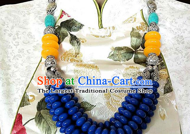 Chinese Traditional Zang Nationality Folk Dance Necklet Decoration Tibetan Ethnic Handmade Blue Beads Necklace Jewelry Accessories for Women
