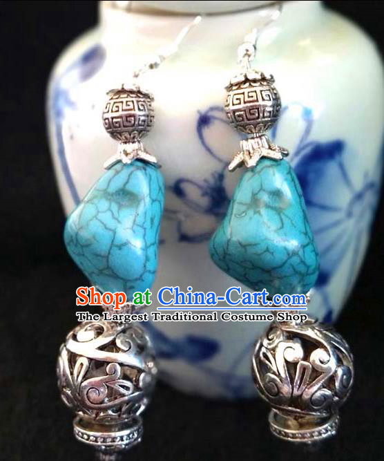 Chinese Traditional Zang Ethnic Blue Stone Earrings Tibetan Nationality Ear Accessories Handmade Eardrop Decoration for Women