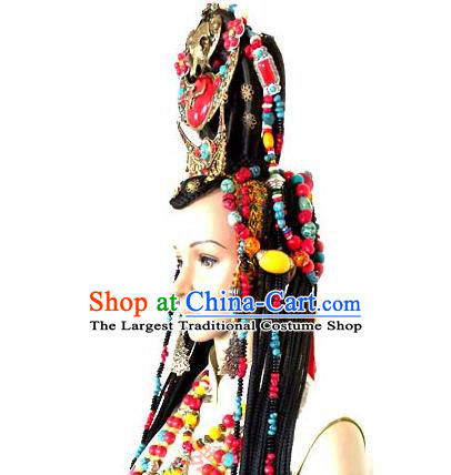 Chinese Traditional Tibetan Nationality Bride Hair Accessories Decoration Handmade Zang Ethnic Folk Dance Wedding Headdress for Women