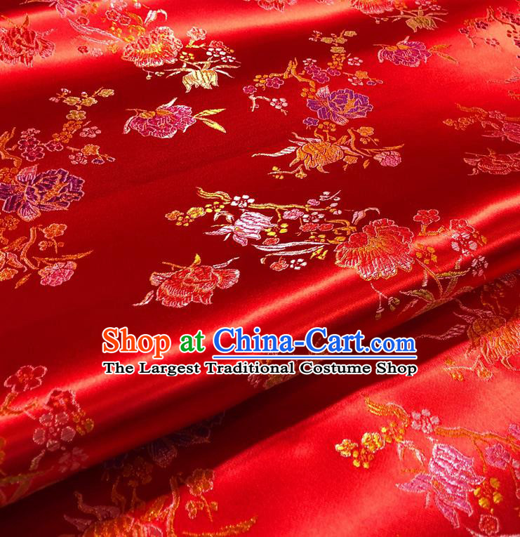 Asian Chinese Traditional Pomegranate Flowers Pattern Design Red Brocade Silk Fabric Tang Suit Tapestry Satin Material