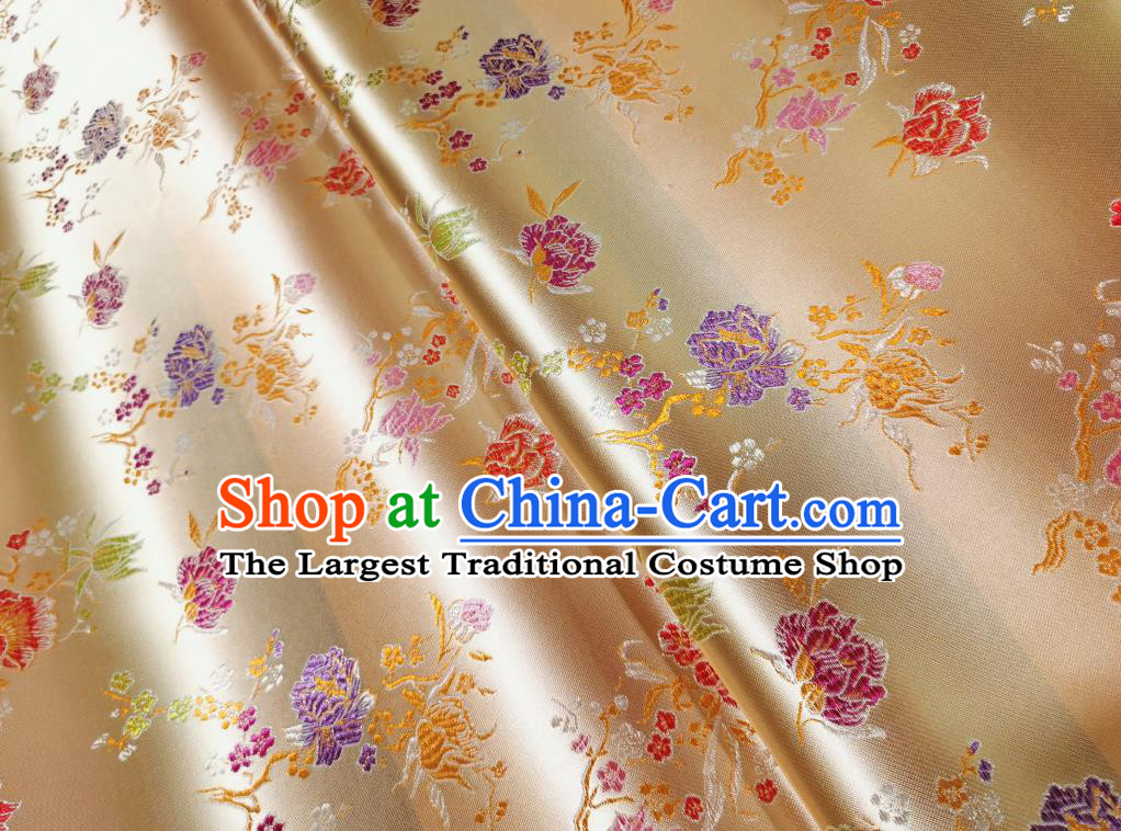 Asian Chinese Traditional Pomegranate Flowers Pattern Design Light Golden Brocade Silk Fabric Tang Suit Tapestry Satin Material