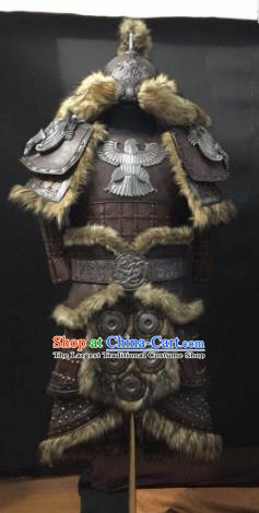 Traditional Chinese Yuan Dynasty Warrior Body Armor Outfits Ancient Film General Fur Armour Costumes and Headwear Full Set