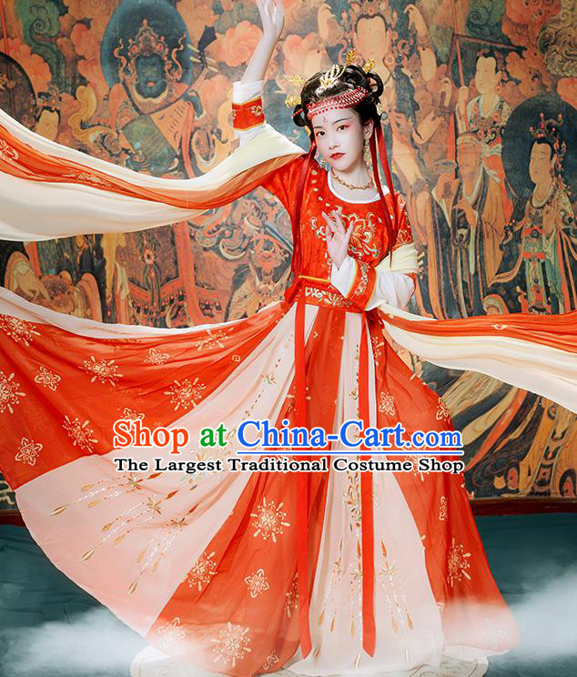 Chinese Ancient Flying Apsaras Goddess Hanfu Garment Costumes Tang Dynasty Court Lady Dance Half Sleeved Top Blouse and Skirt Complete Set