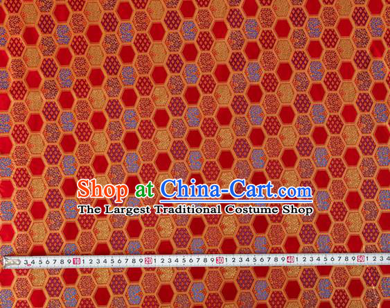 Japanese Traditional Hexagon Daisy Pattern Design Red Brocade Nishijin Fabric Silk Material Traditional Asian Japan Kimono Tapestry Satin
