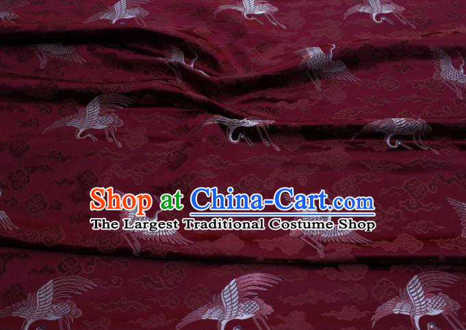 Chinese Classical Cloud Crane Pattern Design Purplish Red Brocade Silk Fabric DIY Satin Damask Asian Traditional Qipao Dress Tapestry Material