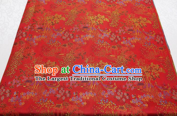 Chinese Classical Scenery Pattern Design Red Brocade Silk Fabric DIY Satin Damask Asian Traditional Tang Suit Tapestry Material
