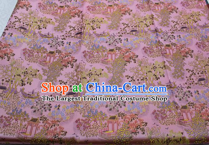 Chinese Classical Scenery Pattern Design Pink Brocade Silk Fabric DIY Satin Damask Asian Traditional Tang Suit Tapestry Material
