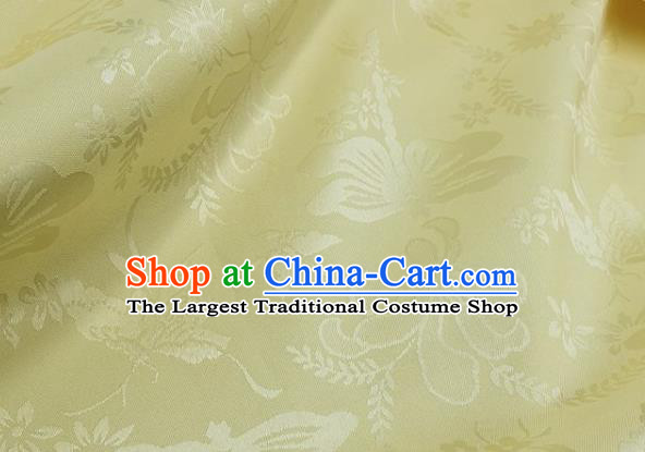 Chinese Hanfu Dress Traditional Butterfly Dragonfly Pattern Design Light Yellow Satin Fabric Silk Material Traditional Asian Cloth Tapestry