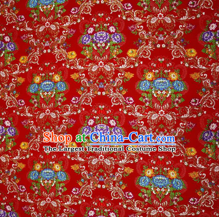 Chinese Classical Court Flowers Pattern Design Red Nanjing Brocade Cheongsam Fabric Asian Traditional Tapestry Satin Material DIY Wedding Cloth Damask