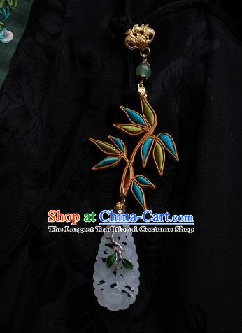 Chinese Classical Cheongsam Silk Bamboo Leaf Brooch Traditional Hanfu Accessories Handmade Jade Breastpin Pendant for Women