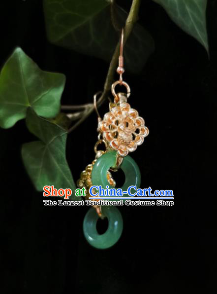 Chinese Handmade Qing Dynasty Jade Ring Ring Earrings Traditional Hanfu Ear Jewelry Accessories Classical Court Golden Eardrop for Women