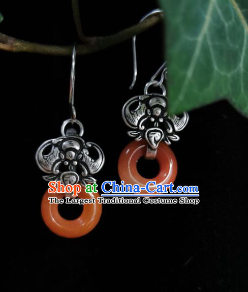 Chinese Handmade Qing Dynasty Red Jade Ring Ring Earrings Traditional Hanfu Ear Jewelry Accessories Classical Court Silver Carving Bat Eardrop for Women