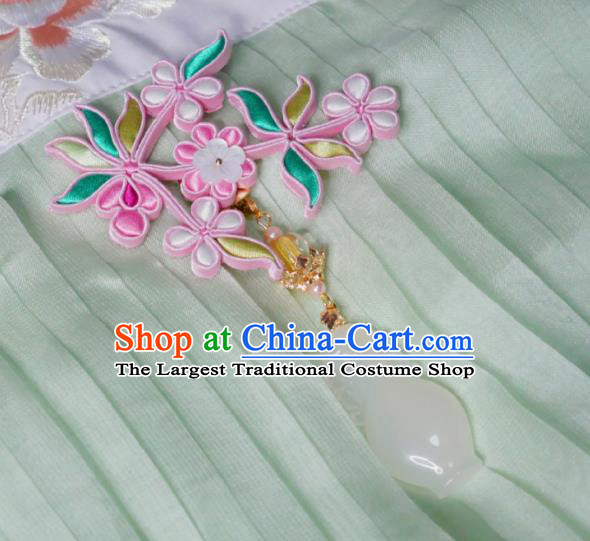 Chinese Classical Pink Silk Flowers Brooch Traditional Hanfu Cheongsam Accessories Handmade White Jade Vase Breastpin Pendant for Women