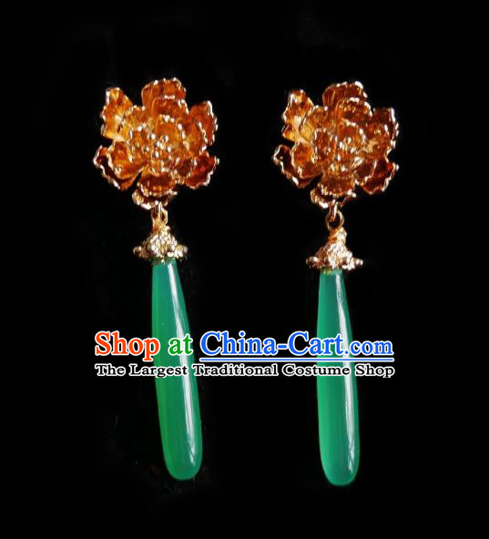 Chinese Handmade Qing Dynasty Brass Peony Earrings Traditional Hanfu Ear Jewelry Accessories Classical Court Jade Eardrop for Women