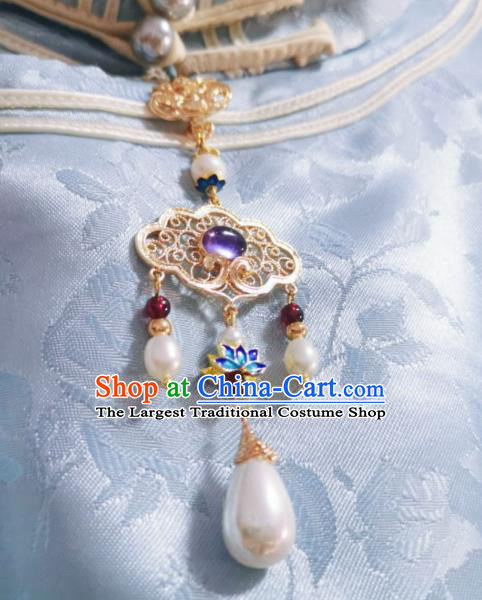 Chinese Classical Lilac Chalcedony Brooch Traditional Hanfu Cheongsam Accessories Handmade Blueing Lotus Breastpin Pendant for Women