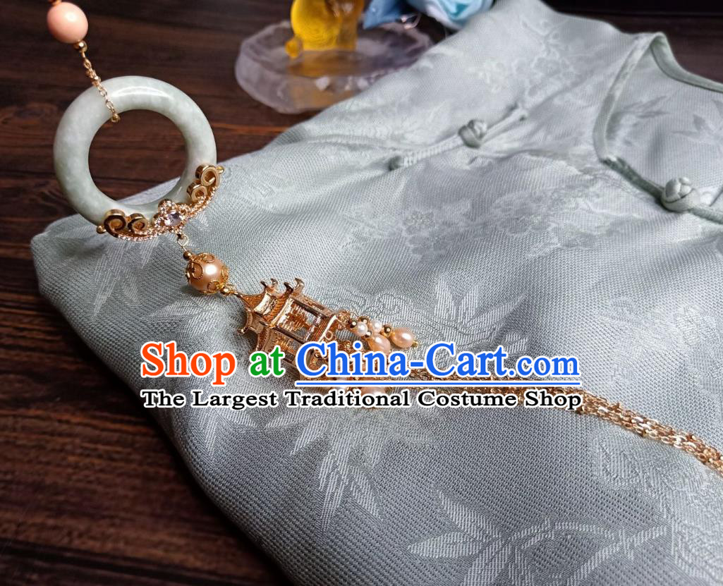 Chinese Classical Golden Palace Brooch Traditional Hanfu Accessories Handmade Cheongsam Jade Breastpin Pearls Tassel Pendant for Women