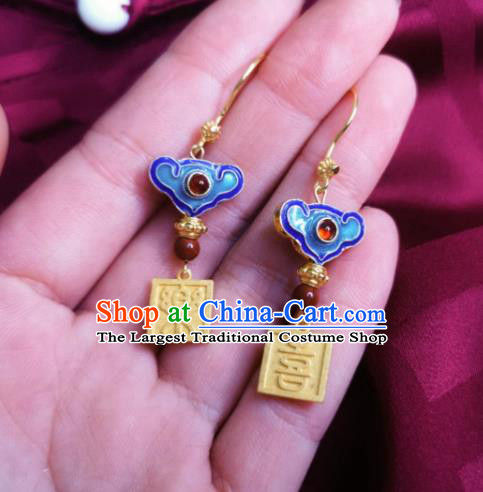 Chinese Handmade Qing Dynasty Agate Earrings Traditional Hanfu Ear Jewelry Accessories Classical Court Blueing Cloud Eardrop for Women