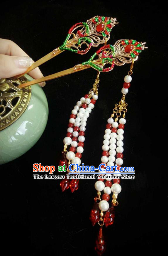 Handmade Chinese Beads Tassel Hairpins Traditional Hanfu Hair Accessories Ancient Qing Dynasty Court Hair Clip for Women