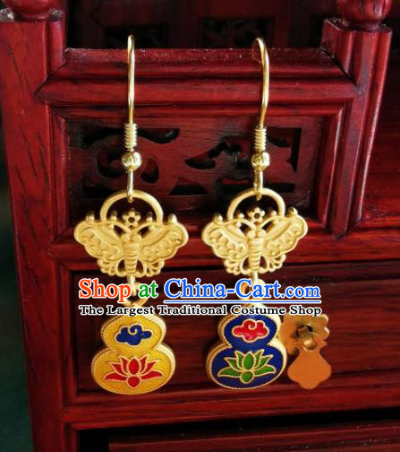 Chinese Handmade Qing Dynasty Golden Butterfly Earrings Traditional Hanfu Ear Jewelry Accessories Classical Court Cloisonne Eardrop for Women