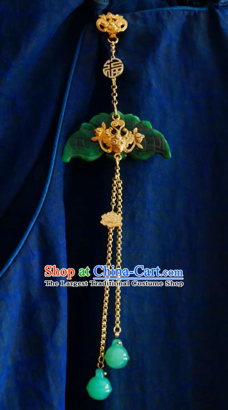 Chinese Classical Golden Bat Brooch Traditional Hanfu Cheongsam Accessories Handmade Jade Tassel Breastpin Pendant for Women