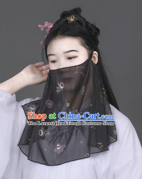 Chinese Traditional Ancient Female Swordsman Black Chiffon Printing Face Veil Hanfu Dance Mask Headwear for Women
