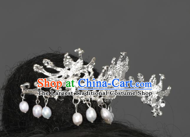 Chinese Traditional Ancient Princess Argent Phoenix Pearls Tassel Hair Crown and Hairpin Hair Clip Hanfu Hair Accessories Headwear for Women