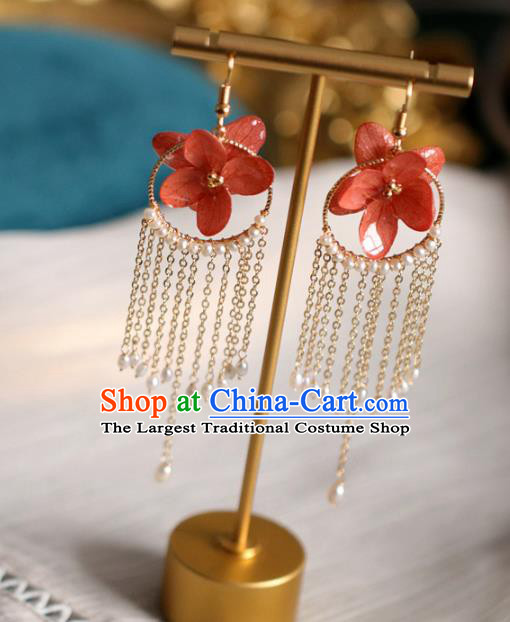 Princess Handmade Red Flower Earrings Fashion Jewelry Accessories Classical Pearls Tassel Eardrop for Women