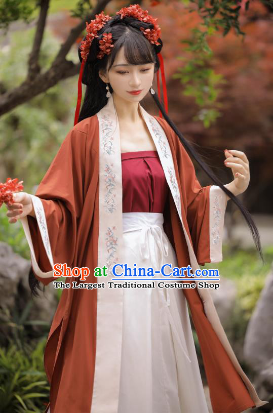 Chinese Song Dynasty Village Girl Red BeiZi Strapless Top and Skirt Traditional Hanfu Garment Ancient Young Lady Historical Costumes Full Set