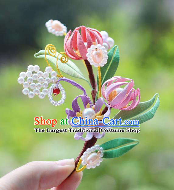Handmade Chinese Classical Pearls Hair Accessories Ancient Princess Silk Flowers Hairpins Hanfu Headwear for Women