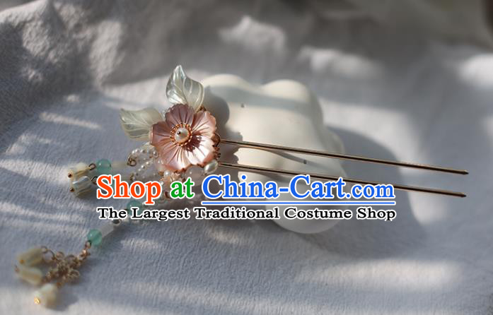 Handmade Chinese Pink Shell Plum Hair Claws Traditional Classical Hanfu Hair Accessories Ancient Princess Pearls Tassel Hairpins for Women
