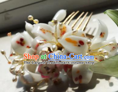 Handmade Chinese Court Princess Hairpins Traditional Classical Hair Accessories Ancient Qing Dynasty White Lily Flowers Hair Comb for Women