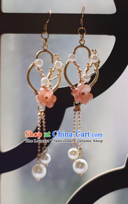 Traditional Chinese Handmade Pink Plum Earrings Ancient Hanfu Tassel Ear Accessories for Women