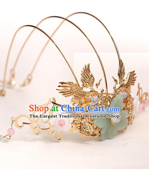 Chinese Classical Wedding Hair Crown Traditional Bride Hair Accessories Handmade Hanfu Golden Crane Tassel Phoenix Coronet