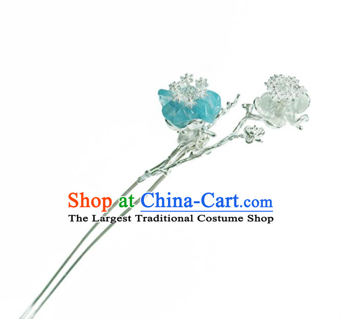 Handmade Chinese Blue Plum Hair Clip Traditional Hair Accessories Ancient Hanfu Classical Argent Hairpins for Women