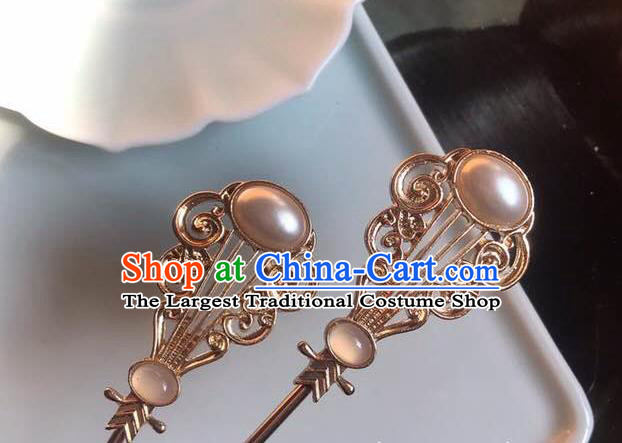 Handmade Chinese Tang Dynasty Pearl Hair Clip Traditional Hair Accessories Ancient Princess Golden Hairpins for Women