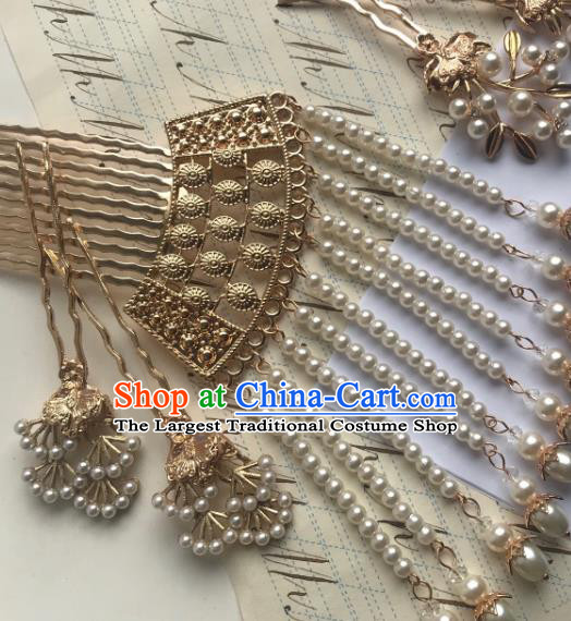 Handmade Chinese Tang Dynasty Court Hair Clip Traditional Hair Accessories Ancient Empress Beads Tassel Golden Hairpins for Women