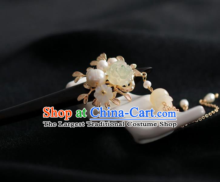Handmade Chinese Cheongsam Green Jade Rose Hair Clip Traditional Hanfu Hair Accessories Pearls Ebony Hairpins for Women