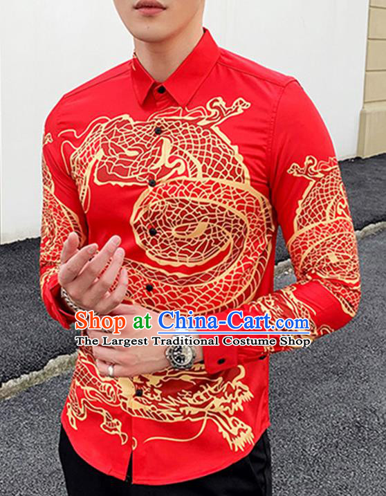 Chinese Traditional Dragon Pattern Red Shirt Tang Suit Upper Outer Garment Costumes Top Shellort for Men