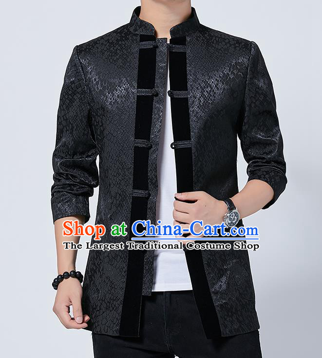 Chinese Traditional Sun Yat Sen Black Jacket Tang Suit Overcoat Outer Garment Costumes for Men