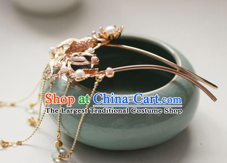 Chinese Cheongsam Golden Fish Hair Clip Traditional Hanfu Hair Accessories Handmade Song Dynasty Bells Tassel Hairpins for Women