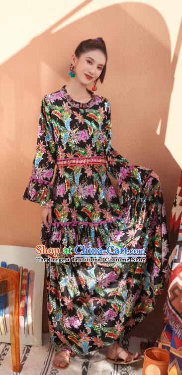 Thailand Traditional Handmade Printing Black Dress Photography Asian Thai National Sequins Informal Costumes for Women